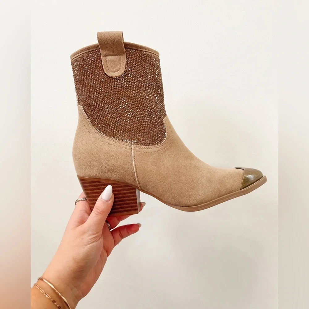 NIB Oasis Society Rhinestone Bling Metal Capped Toe Western Booties Cowgirl Boot - Picture 2 of 5
